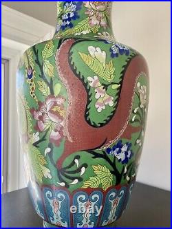 Large 18 Cloisonné Year of the Dragon Chinese Vase. Green withFloral Motifs
