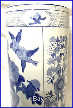 Large 18 Vintage Chinese Blue White Porcelain Umbrella Stand Birds Estate find