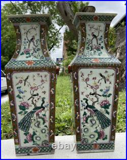 Large 19Th C. Antique Qing Dynasty Pair Of Peacock Porcelain Chinese Vases
