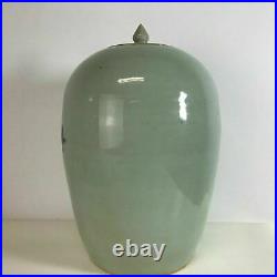 Large 19th C Chinese Porcelain Celadon Carved Jar With Bird Decoration