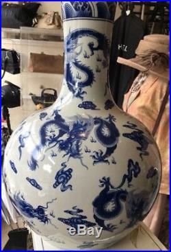 Large 19th Century Chinese Blue & White Bottle Vase Stamped