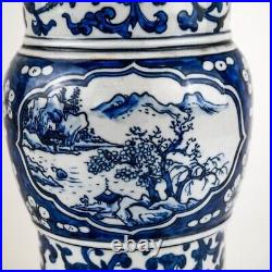Large 19th Century Chinese Export Blue White Vase, Village Design