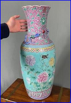Large 19th Century Chinese Turquoise Ground Famille Rose Vase Repaired