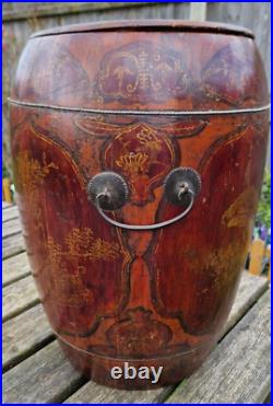 Large 19th Century Decorated Chinese/Cantonese Lidded Rice/Grain Storage Barrel