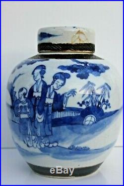 Large 19th c Kangxi Painted Blue White Figures Porcelain Ginger Jar Pot & Cover
