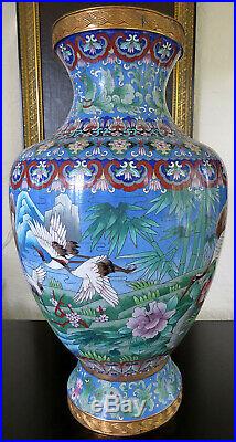 Large 20 Cloisonne Vase Cranes Floral Pattern Asian Oriental