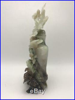 Large 20th C Chinese Export Celadon Green Jade Carved Carving Vase Birds Flowers