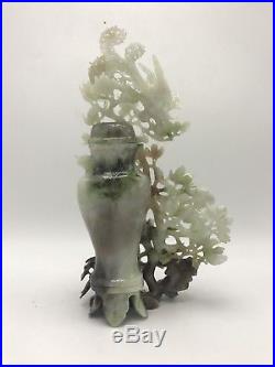 Large 20th C Chinese Export Celadon Green Jade Carved Carving Vase Birds Flowers