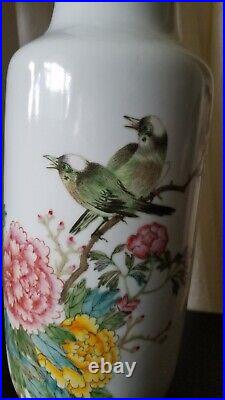 Large ANTIQUE CHINESE VASES Peony and Birds 13 Tall Drilled Liu Yucen