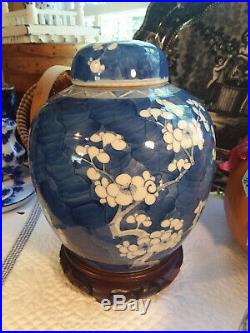 Large Antique Chinese Blue and White Porcelain Covered Prunus Jar, Ginger Jar