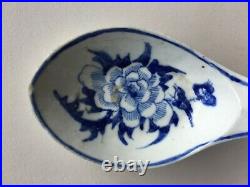 Large Antique Chinese Blue and White Porcelain Serving Spoon Peony Butterfly