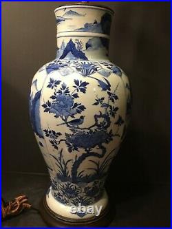 Large Antique Chinese Blue and White Vase as Lamp, Kangxi Period. 18 High