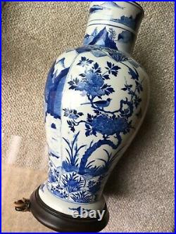 Large Antique Chinese Blue and White Vase as Lamp, Kangxi Period. 18 High