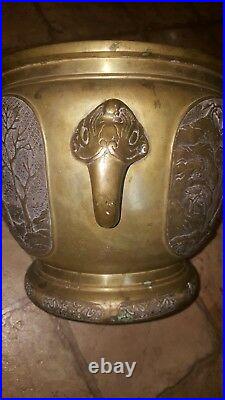 Large Antique Chinese Brass Planter vase elephant handles asian scene waterfall