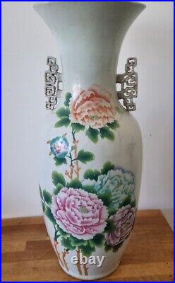 Large Antique Chinese Calligraphy Poem Flower Porcelain Vase, 57CM HIGH