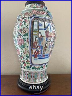 Large Antique Chinese Canton Famile Rose Porcelain Baluster Vase Table Lamp