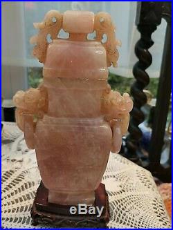 Large Antique Chinese Carved Roze Quartz Censor Vase&cover With Wooden Stand