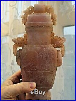 Large Antique Chinese Carved Roze Quartz Censor Vase&cover With Wooden Stand