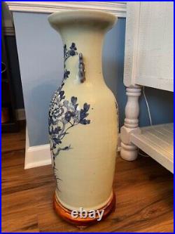 Large Antique Chinese Celadon Vase with Beautiful Blue & White Decor & Wooden Base