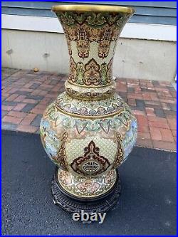 Large Antique Chinese Cloisonné Vase Very Large 30 + Wood Base Nice! 40 Lbs