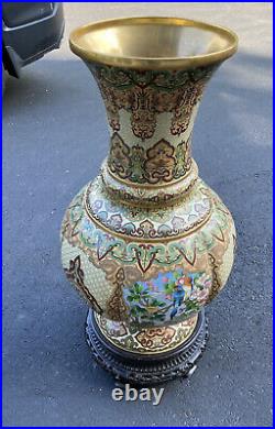 Large Antique Chinese Cloisonné Vase Very Large 30 + Wood Base Nice! 40 Lbs