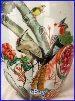 Large Antique Chinese Famille Rose Porcelain Jar Ginger Vase Birds Lidded Cover
