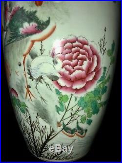 Large Antique Chinese Famille Rose Porcelain Vase Birds Calligraphy H22 (56CM)