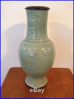 Large Antique Chinese Ming Dynasty Celadon Vase Mounted as Centerpiece for Lamp