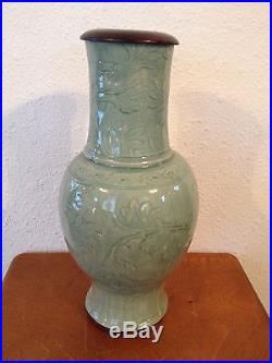 Large Antique Chinese Ming Dynasty Celadon Vase Mounted as Centerpiece for Lamp