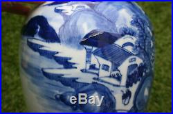 Large Antique Chinese Porcelain Blue and White Landscape Picture Jar Vase with Lid