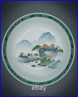 Large Antique Chinese Porcelain Bowl Famille Verte Landscape Late 20th C. No. #1