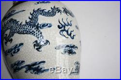 Large Antique Chinese Porcelain Carved Painted Blue & White Dragon Vase Marks