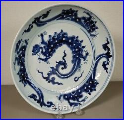 Large Antique Chinese Qing Dynasty Blue & White Porcelain Plate
