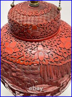Large Antique Chinese Qing Period Carved Cinnabar Jar Lamp Bronze Base