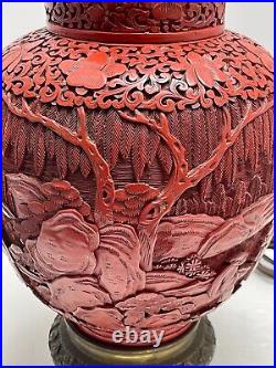 Large Antique Chinese Qing Period Carved Cinnabar Jar Lamp Bronze Base