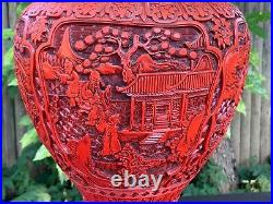 Large Antique Chinese Red Cinnabar Carved Vase Asian Village Scholars Landscape