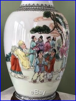 Large Antique Chinese Republic Porcelain Vase Lamp Calligraphy 15H