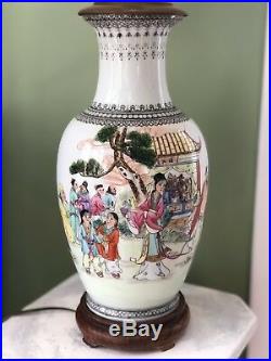 Large Antique Chinese Republic Porcelain Vase Lamp Calligraphy 15H