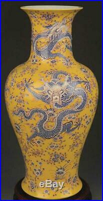 Large Antique Chinese Yellow Ground Enameled Porcelain Dragon Vase, 19th C
