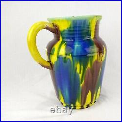 Large Antique Drip Glaze Pottery Pitcher Art Deco 40's Colorful