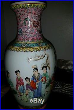 Large Antique Hand Painted Famille Rose Vase Chinese Hand Painted 14x7inch