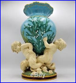Large Antique Minton Majolica Triton Vase Turquoise with Seaweed 17 Tall