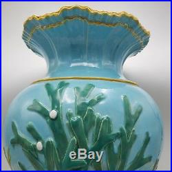 Large Antique Minton Majolica Triton Vase Turquoise with Seaweed 17 Tall