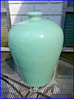 Large Antique Vintage Signed Chinese Celadon Green Incised Porcelain Vase 14