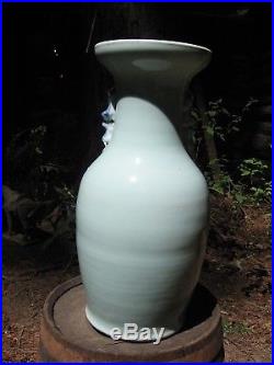 Large Antique blue and White Chinese Celadon Phoenix Vase with Foo Dog Handles