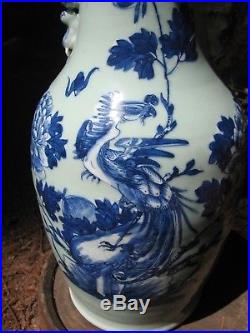 Large Antique blue and White Chinese Celadon Phoenix Vase with Foo Dog Handles