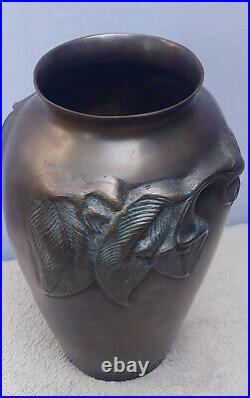 Large Asian Bronze Antique Vase with Flowers very heavy 12.5 inches