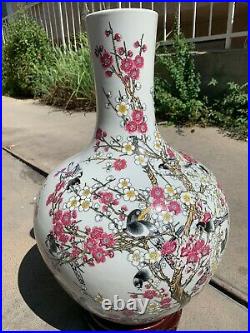 Large Asian Chinese Antique Vase with Cherry Blossoms and Birds with Stand