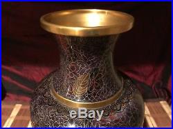 Large Asian Cloisonné Brass & Enamel Vase Purple Floral 15 1/2x8