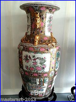 Large Beautiful Antique Chinese Hand Paint Gold Handle Porcelain Vase 36 H